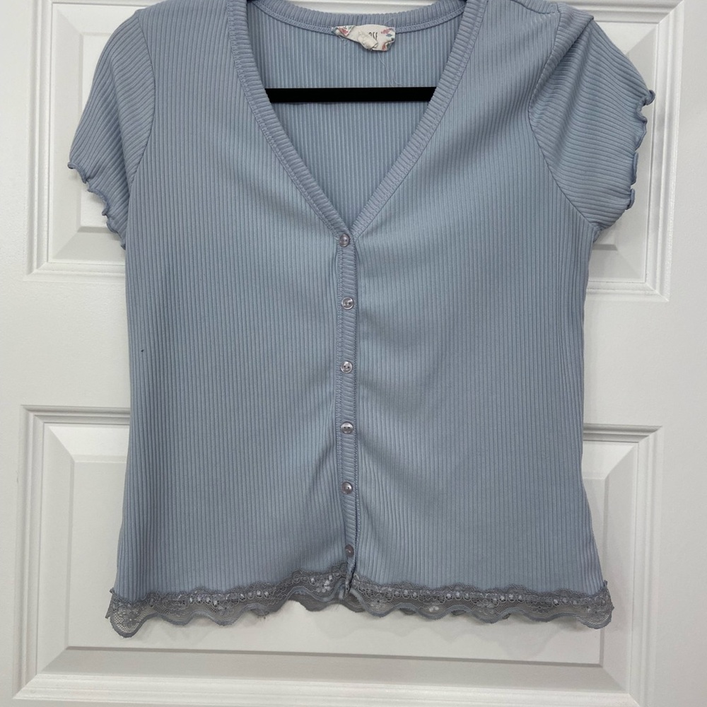 Pink Rose Light Blue Ribbed Top